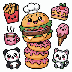 Cute Panda with Burger, Donuts, Coffee, and Fast Food Stickers – Kawaii Cartoon Vector