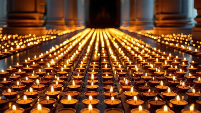 Shimmering rows of traditional oil lamps illuminate a sacred space for durga maha ashtami during navratri embodying devotion