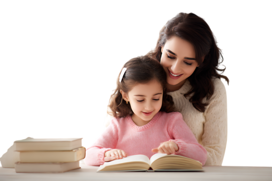 Happy mom teaching her child to read, family bonding, early education