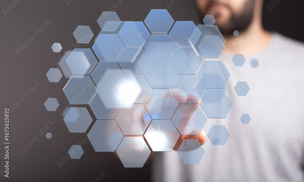 Aufkleber abstract image of a person interacting with a digital hexagon interface. technology, innovation, fut