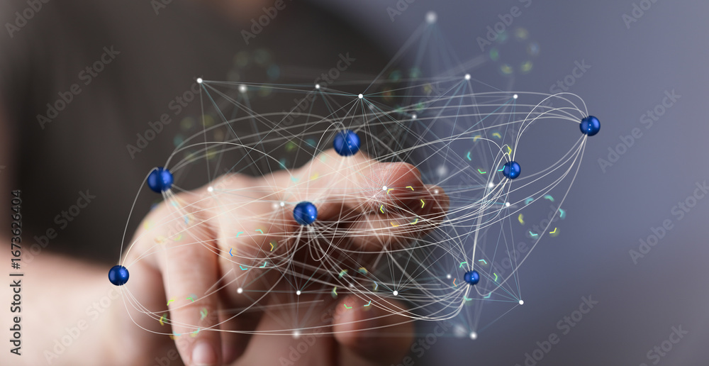 Poster abstract image of a hand interacting with a complex network. represents connection, data, technology