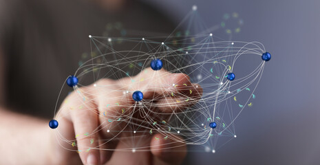 Abstract image of a hand interacting with a complex network. Represents connection, data,...