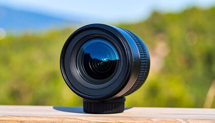 Close-up of camera lens on wooden surface, out-of-focus background