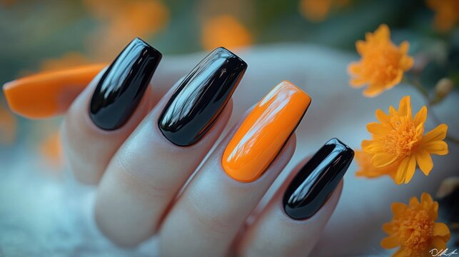 Close-up of hand with trendy black and orange nails