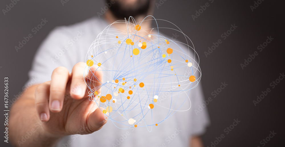 Poster stock photo of a man interacting with a digital visualization of a global network. perfect for techn
