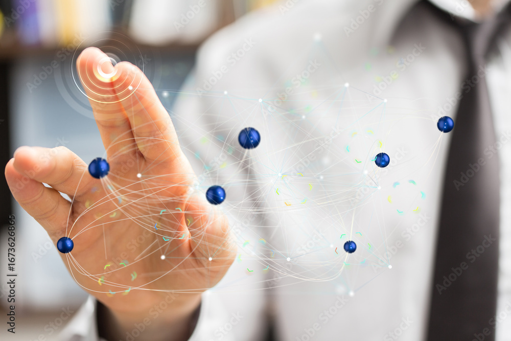 Aufkleber image of a hand interacting with a digital network, showcasing global connectivity and data visualiz