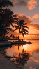 Obraz premium Tropical sunset with palm trees reflecting in the water on a beach