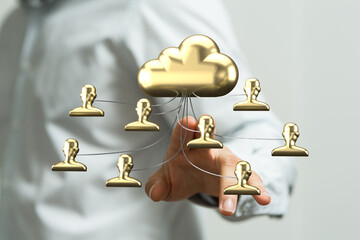 Gold cloud computing network, secure data, user connections. Ideal for tech, business, and finance.