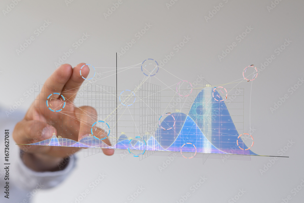 Aufkleber hand interacting with a digital graph showing data analysis and visualization.