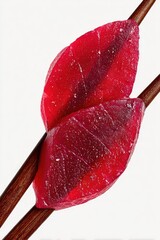 Two vibrant, crimson-red slices of food, resembling leaves, held by wooden chopsticks
