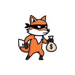 Cartoon Fox Bandit Carrying Money Bag Illustration