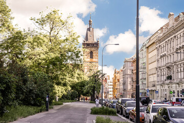 Naklejka premium Well preserved old buildings on Charles Square Street in Pragues Old Town in Czech Republic