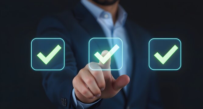 A man in a suit pointing at a digital checklist with green checkmarks against a dark blue background