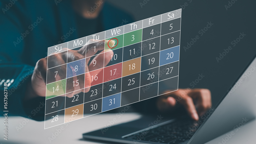 Poster a user interacts with a digital calendar interface while working on a laptop, highlighting the impor