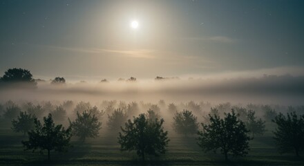Fototapeta premium Moonlit Orchard Landscape with Fog