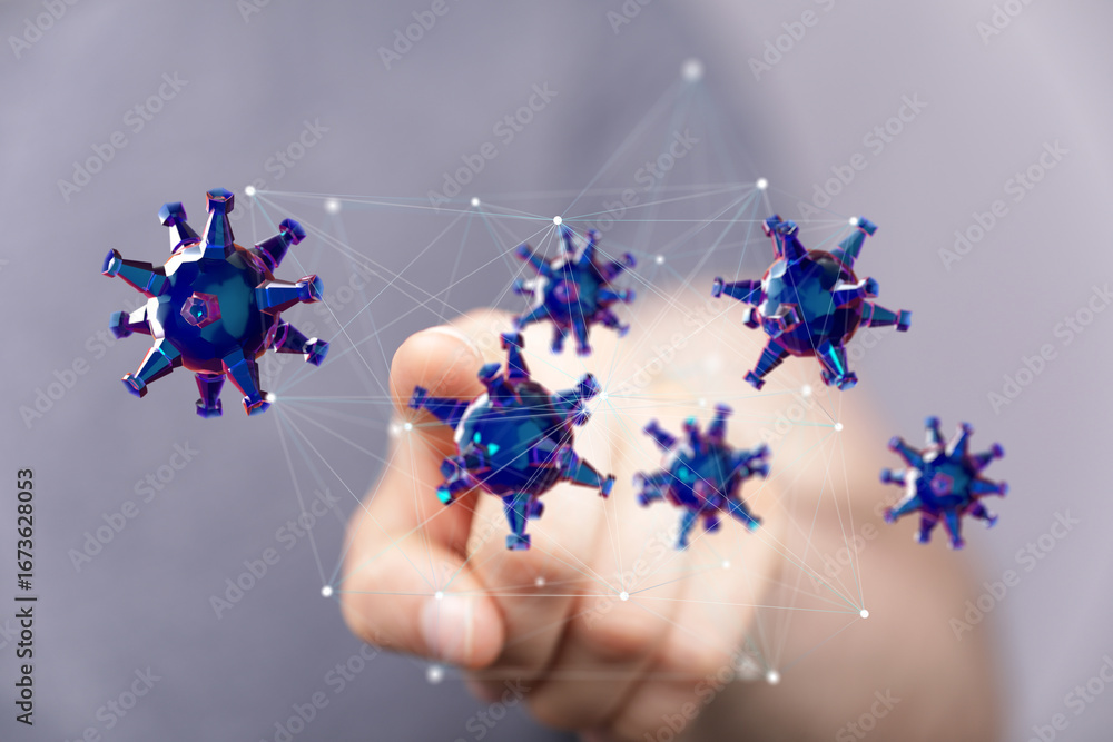 Poster abstract image of a hand interacting with a network of 3d virus models. ideal for medical, science, 