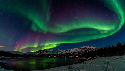 Aurora Borealis over a Calm Winter Lake.