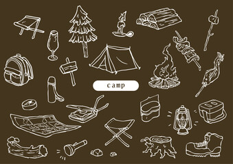 キャンプ用品のスケッチ風白線セット