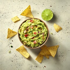 Creamy guacamole and tortilla chips arranged artistically on a light surface.