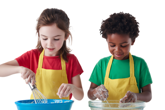 Two children enjoy baking, whisking and mixing ingredients in bowls.
