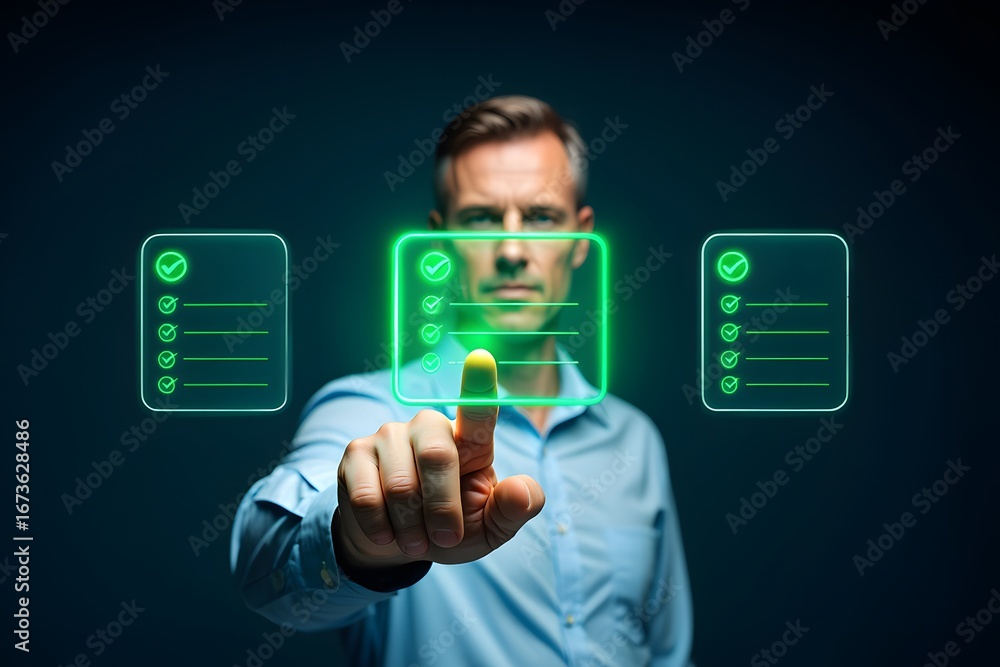 Poster a man in a suit pointing at a digital checklist with green checkmarks against a dark blue background