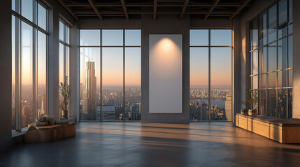 Fototapeta premium Spacious modern interior with big windows and a display board for presentations or design
