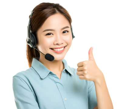 Smiling Asian woman with headset giving thumbs up.