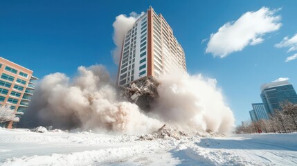 Controlled implosion of a tall building with dynamic dust cloud on a bright winter day showing the