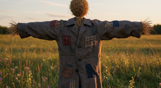 Patchwork Scarecrow in a Summer Field at Sunset
