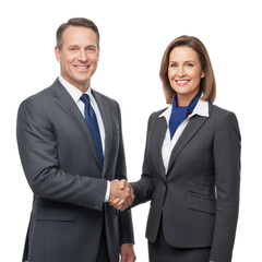 A couple of business partners, a middle-aged man and woman, shake hands and smile. White background