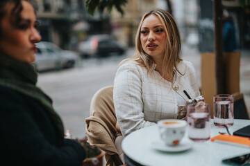 Two women enjoying drinks while conversing at an outdoor cafe table, showcasing casual interaction and city lifestyle.