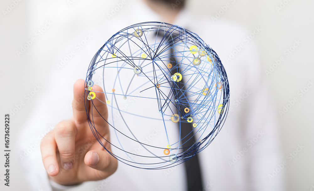 Aufkleber image of a hand interacting with a digital globe, representing global networking and connectivity.