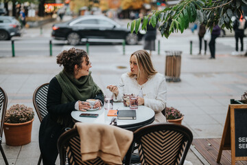 Two friends share a conversation while having coffee at a cozy outdoor cafe in the city.