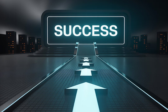 Illuminated Arrows Forming a Path Leading to a Large Glowing ' SUCESS' Sign in a Futuristic Cityscape - Powered by Adobe