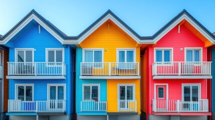 Fototapeta premium Colorful beach houses, seaside row, sunny day, vacation rental