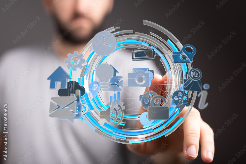 Poster person interacts with a digital interface showing various app icons. modern technology concept.