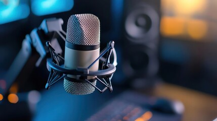 Studio condenser microphone captures audio recording with speaker backdrop and keyboard