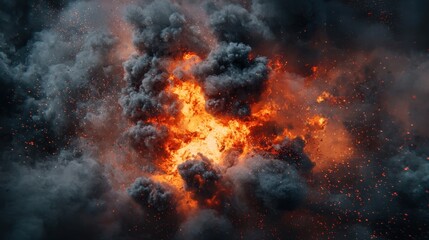 Dramatic explosion with fiery orange flames and thick black smoke rising against a dark sky at twilight