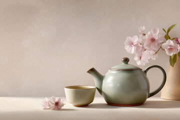 Fototapeta premium Pastel styled tea scene with ceramic teapot and matte glaze texture