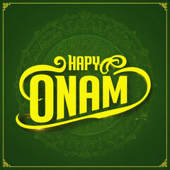 Happy onam wish greeting text with yellow text and green background