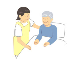 起床する就寝する高齢者を介助する介護士