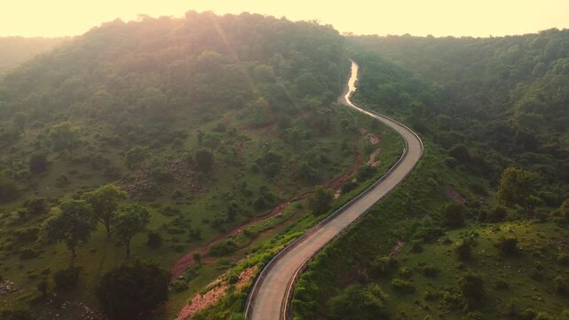 Aerial drone shot of elevated hilly road in madhya pradesh india