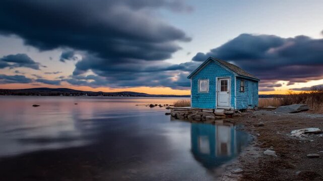 A small blue shack sits on the shore of a calm lake, under dramatic, cloud-filled sky