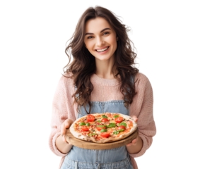Happy woman presenting a fresh, tasty pizza. Perfect for food and lifestyle themes.