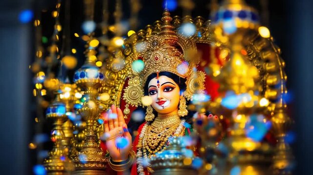 Sacred idol of goddess durga adorned with ornate golden jewelry celebrating maha ashtami during navratri festival with shimmering bokeh lights
