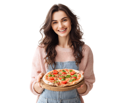 Happy woman presenting a fresh, tasty pizza. Perfect for food and lifestyle themes.