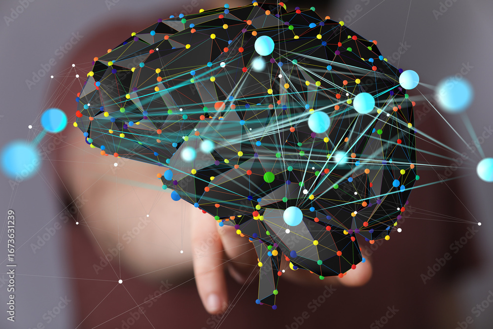 Poster abstract image of a digital brain, representing ai, neural networks, data connections, and global ne