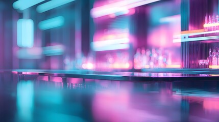 blurred image of a futuristic neon cocktail bar interior glowing with magenta and aqua ,neon saturated palette