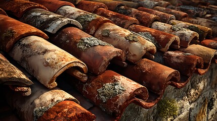 Terracotta roof tiles texture background old aged weathered architecture detail