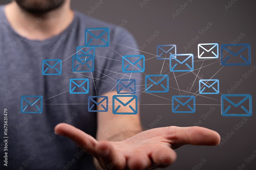 Poster image depicts a man's hand showcasing a network of interconnected email icons, symbolizing global co